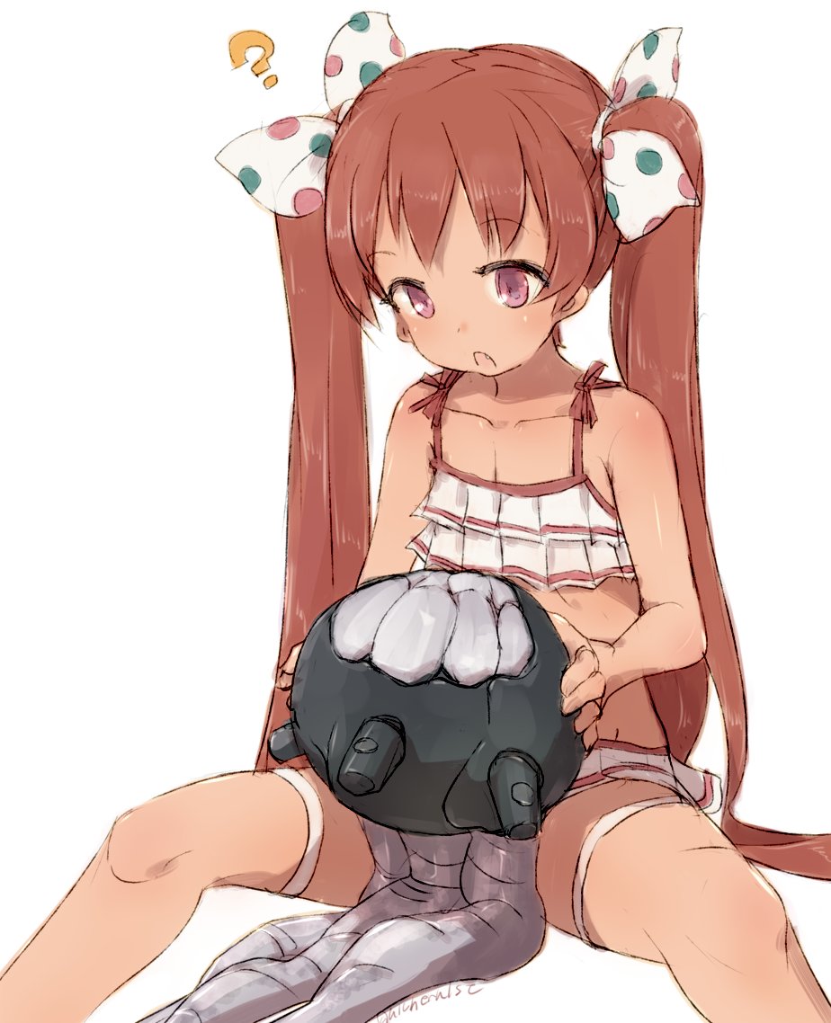 1girl alchera bikini brown_eyes brown_hair collarbone commentary_request enemy_naval_mine_(kantai_collection) feet_out_of_frame frilled_bikini frills hair_ribbon kantai_collection libeccio_(kantai_collection) long_hair polka_dot_ribbon ribbon simple_background sitting solo spread_legs swimsuit tentacles twintails white_background white_bikini