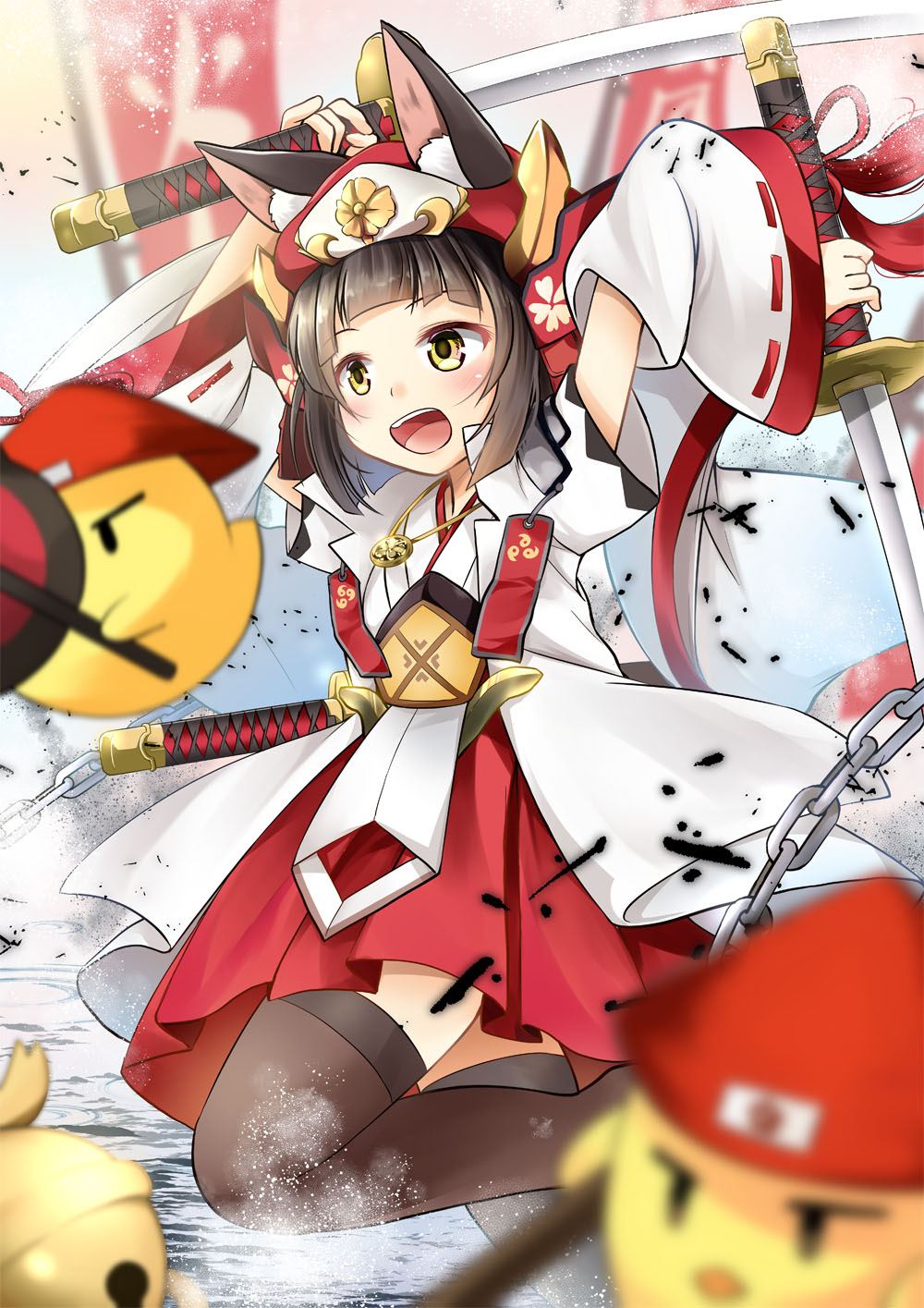 1girl :d animal_ear_fluff animal_ears arms_up azur_lane bangs banner bell bird black_hair black_legwear blurry_foreground blush chain chick commentary_request cowboy_shot detached_sleeves eyebrows_visible_through_hair flat_chest fox_ears hair_ornament hat helmet highres holding holding_sword holding_weapon japanese_clothes jewelry katana kimono looking_to_the_side magatama_print manjuu_(azur_lane) mutsu_(azur_lane) mutsu_(warring_states_warship)_(azur_lane) necklace open_mouth red_skirt ribbon-trimmed_sleeves ribbon_trim rice_hat sakuramon sheath sheathed short_hair short_sleeves sidelocks skirt smile solo_focus standing sword thigh-highs upper_teeth weapon white_background white_kimono white_sleeves wide_sleeves yellow_eyes yozuki_shokora zettai_ryouiki