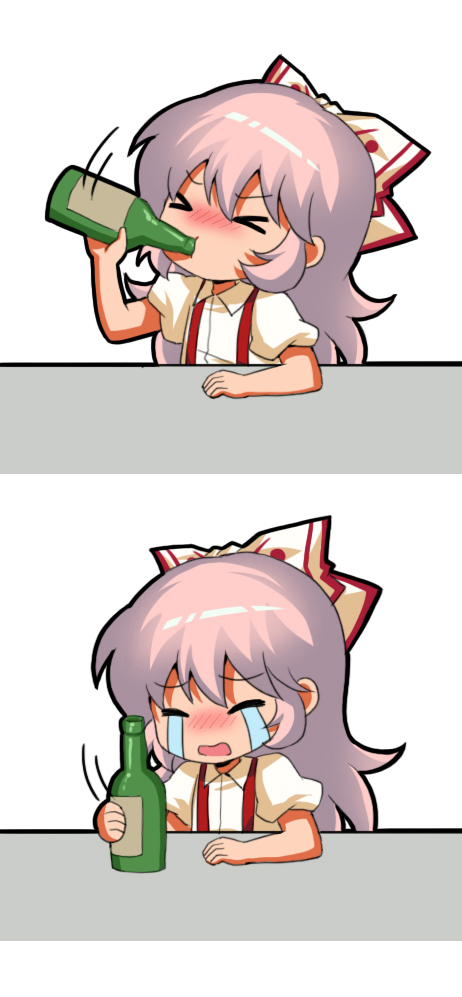 &gt;_&lt; 1girl bangs blush bottle bow chibi chinese_commentary closed_eyes commentary_request crying drinking eyebrows_visible_through_hair fujiwara_no_mokou hair_between_eyes hair_bow hand_up holding holding_bottle nose_blush open_mouth pink_hair puffy_short_sleeves puffy_sleeves shangguan_feiying shirt short_sleeves sidelocks streaming_tears suspenders tears touhou upper_body white_background white_bow white_shirt