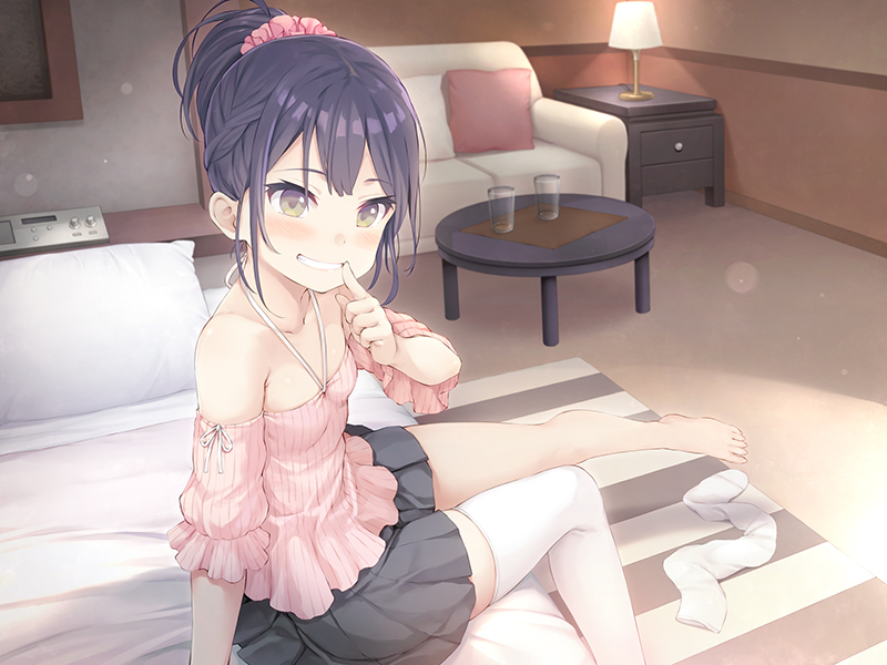 1girl bangs black_hair black_skirt blush breasts commentary_request couch detached_sleeves finger_to_mouth frills glass green_eyes grin lamp legwear_removed looking_at_viewer namaru_(summer_dandy) official_art on_bed original pillow pleated_skirt scrunchie single_thighhigh sitting skirt small_breasts smile solo table thigh-highs thighhigh_removed white_legwear