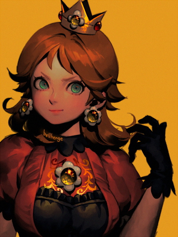 &gt;:) 1girl artist_name bellhenge black_gloves brooch brown_hair crown dress earrings flower gloves green_eyes jewelry lipstick looking_at_viewer makeup super_mario_bros. princess_daisy red_dress super_smash_bros. yellow_background