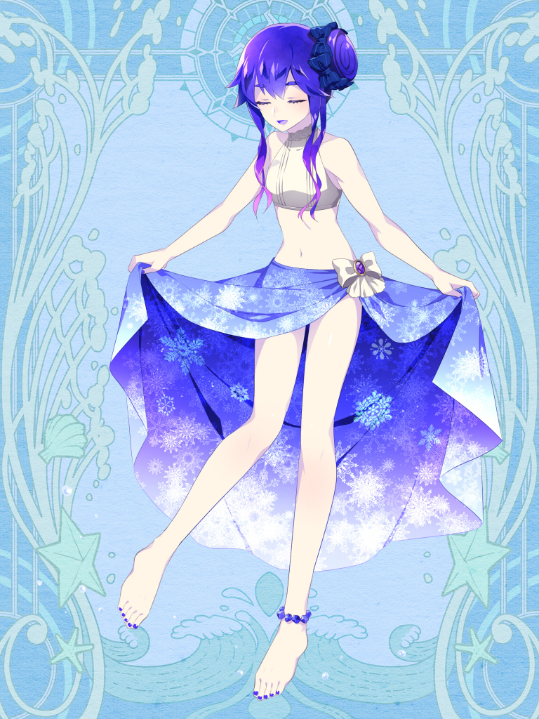 1girl anklet bangs barefoot blue_bow blue_nails blue_skirt bow closed_eyes dairoku_youhei facing_viewer full_body gradient_hair jewelry l_(matador) long_hair midriff multicolored_hair navel pale_skin purple_hair side_bun simple_background skirt skirt_hold smile snowflake_print solo standing unmoving_pattern white_bow