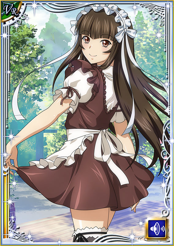 1girl apron bangs blunt_bangs brown_dress brown_eyes brown_hair brown_ribbon card_(medium) closed_mouth cowboy_shot day dress eyebrows_visible_through_hair floating_hair frilled_apron frills from_behind garter_straps headdress ikkitousen long_hair looking_at_viewer looking_back outdoors pinafore_dress ribbon ribbon-trimmed_sleeves ribbon_trim shiny shiny_hair shirt short_dress short_sleeves skirt_hold sleeveless sleeveless_dress smile solo sparkle standing straight_hair ten'i_(ikkitousen) thigh-highs very_long_hair waist_apron white_apron white_shirt