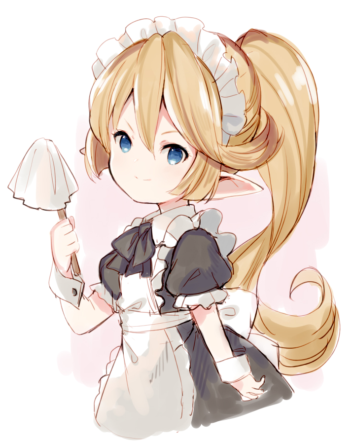 1girl alternate_costume apron bangs black_bow black_dress blue_eyes blush bow charlotta_fenia closed_mouth collared_dress cropped_torso dress duster enmaided granblue_fantasy hair_between_eyes hand_up harvin holding light_brown_hair long_hair looking_at_viewer maid maid_apron maid_headdress meito_(maze) parted_bangs pointy_ears ponytail puffy_short_sleeves puffy_sleeves short_sleeves sidelocks smile solo upper_body v-shaped_eyebrows very_long_hair white_apron wrist_cuffs