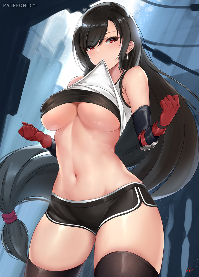 1girl bangs bare_shoulders black_hair black_legwear black_shorts blush breasts cyicheng earrings elbow_gloves elbow_pads final_fantasy final_fantasy_vii final_fantasy_vii_remake gloves jewelry large_breasts lifted_by_self long_hair looking_at_viewer low-tied_long_hair midriff mouth_hold navel red_eyes revision shirt shirt_lift short_shorts shorts skirt solo standing suspender_skirt suspenders swept_bangs tank_top taut_clothes taut_shirt thigh-highs tifa_lockhart under_boob very_long_hair white_tank_top