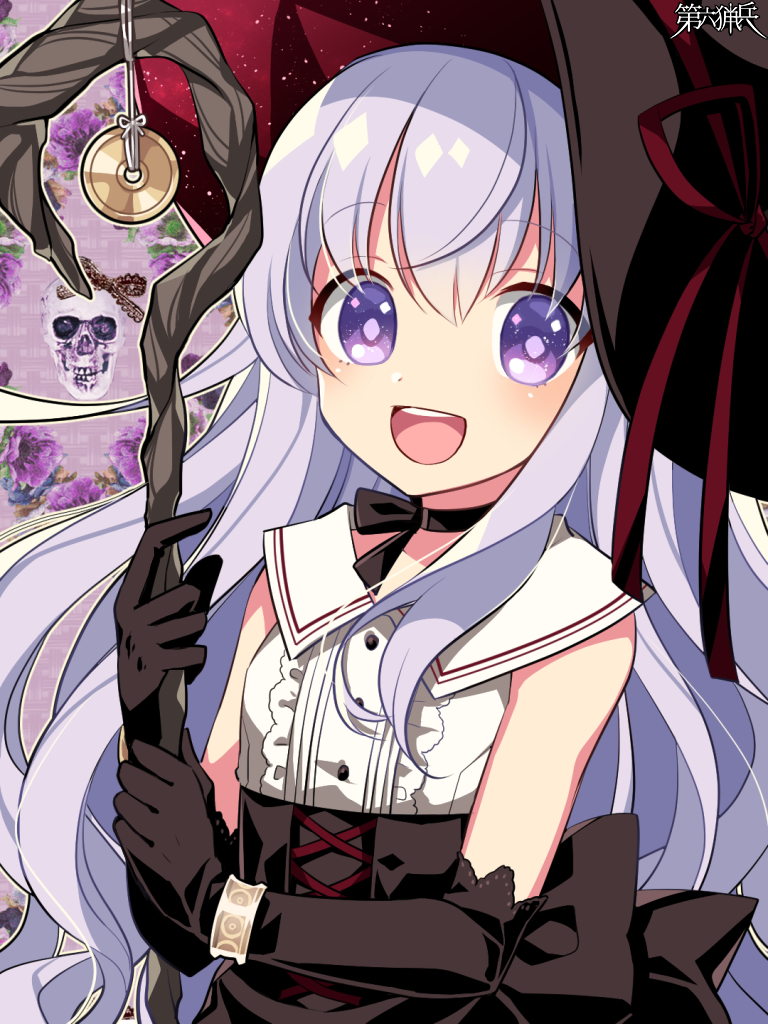 1girl :d black_choker black_gloves black_headwear choker dairoku_youhei elbow_gloves gloves hat l_(matador) long_hair looking_at_viewer open_mouth purple_hair skull sleeveless smile solo staff upper_body very_long_hair violet_eyes wizard_hat