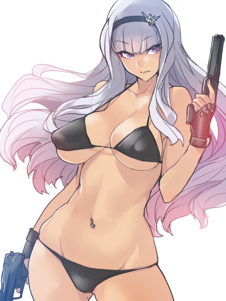 1girl ban bikini black_hairband covered_nipples dual_wielding eyebrows_visible_through_hair fingerless_gloves gloves grey_hair gun hairband handgun holding idolmaster navel_piercing piercing pistol saints_row:_the_third shijou_takane swimsuit tan violet_eyes weapon white_background