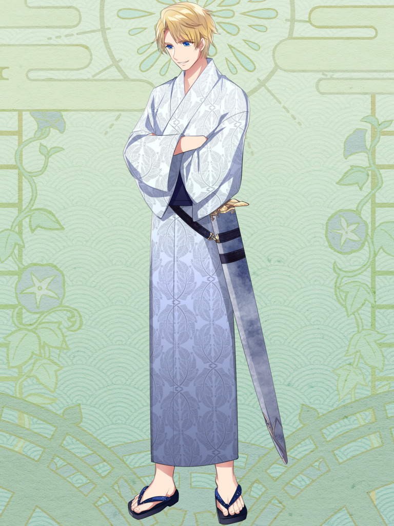 1boy bishounen blonde_hair commission crossed_arms dairoku_youhei full_body green_background grey_kimono japanese_clothes kimono l_(matador) male_focus sandals sheath sheathed simple_background solo standing wide_sleeves