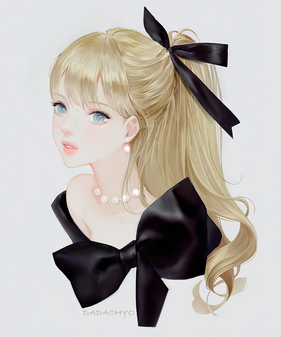1girl artist_name bangs bare_shoulders black_ribbon blonde_hair blue_eyes dadachyo hair_ribbon jewelry long_hair looking_at_viewer necklace nose original pearl_earrings pearl_necklace ponytail portrait ribbon simple_background solo white_background