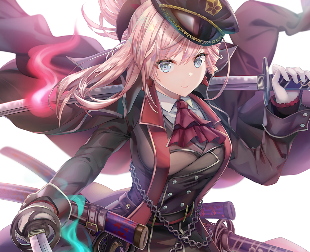 1girl alternate_costume bangs belt black_headwear black_jacket blue_eyes breasts buttons chain dual_wielding fate/grand_order fate_(series) gloves hair_ornament hat holding jacket jacket_on_shoulders katana large_breasts long_sleeves looking_at_viewer miyamoto_musashi_(fate/grand_order) peaked_cap pink_hair ponytail sheath simple_background solo swept_bangs sword torino_akua weapon white_background