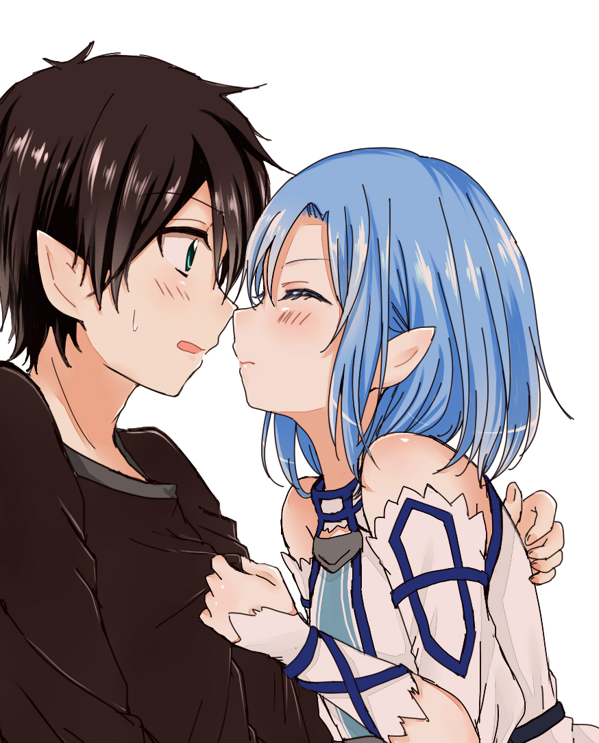 1boy 1girl alternate_hair_length alternate_hairstyle aminyao asuna_(sao-alo) black_hair black_shirt blue_hair blush closed_mouth couple detached_sleeves imminent_kiss kirito_(sao-alo) open_mouth pointy_ears shiny shiny_hair shirt short_hair simple_background sword_art_online upper_body white_background white_sleeves