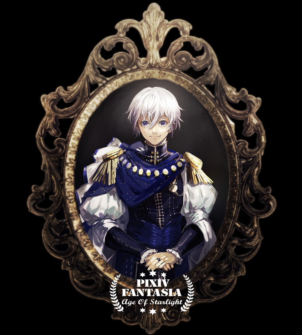 1boy black_background blue_eyes copyright_name epaulettes hair_between_eyes hands_together jewelry looking_at_viewer male_focus onitobico pixiv_fantasia pixiv_fantasia_age_of_starlight puffy_sleeves ring solo standing voyager_prince_kyle white_hair