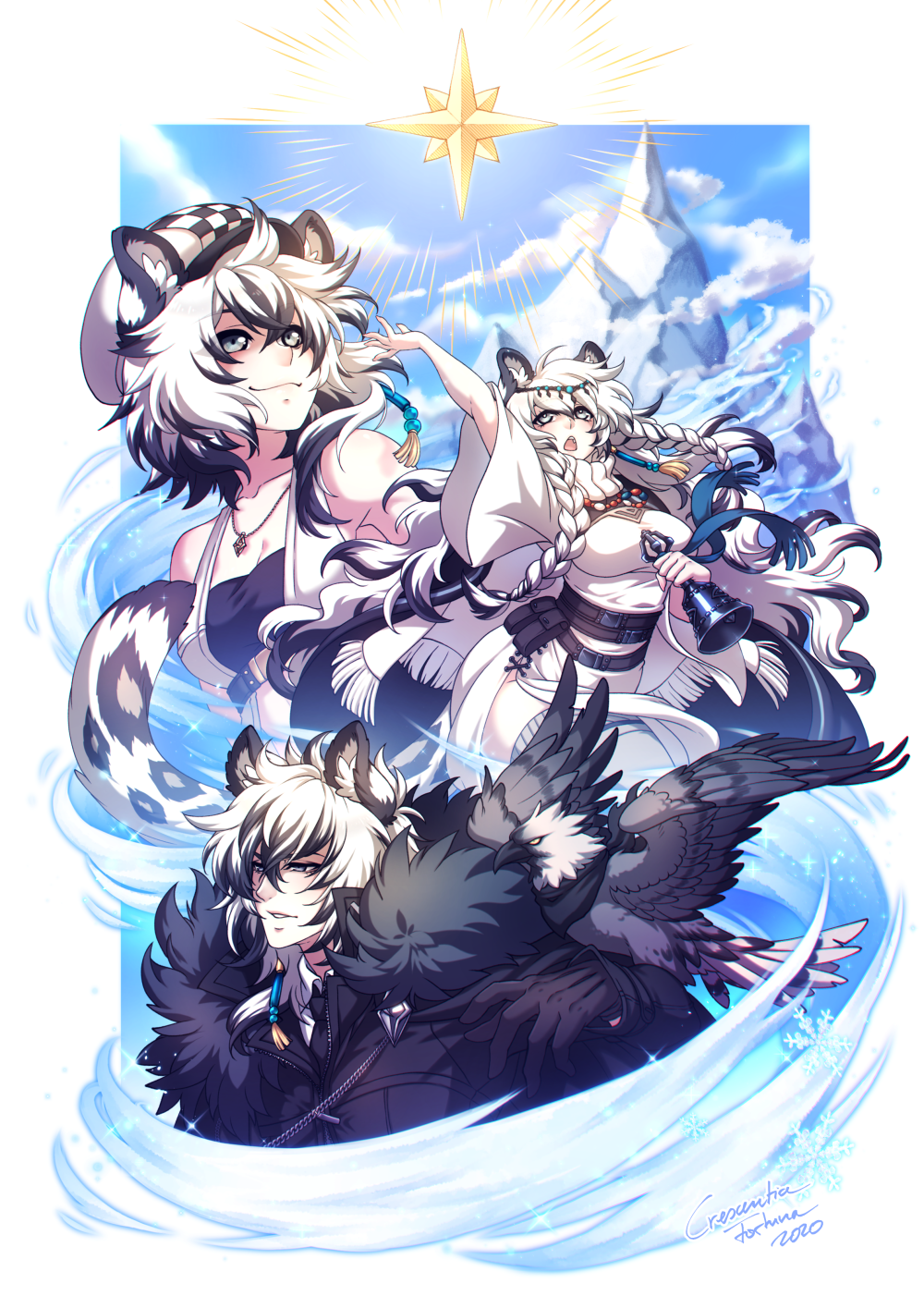 1boy 2girls animal_ear_fluff animal_ears arknights arm_up bangs bare_shoulders bell belt bird black_belt black_gloves black_hair black_jacket blue_sky braid breasts brother_and_sister cabbie_hat cliffheart_(arknights) clouds commentary crescentia day dress english_commentary fur_trim gloves grey_eyes hair_between_eyes hat head_chain highres holding holding_bell jacket jewelry leopard_ears leopard_tail long_hair medium_breasts mountain multicolored_hair multiple_girls necklace open_mouth parted_lips pouch pramanix_(arknights) siblings signature silver_hair silverash_(arknights) sisters sky sleeveless smile snowflakes streaked_hair tail tenzin_(arknights) turtleneck_dress twin_braids white_dress white_headwear