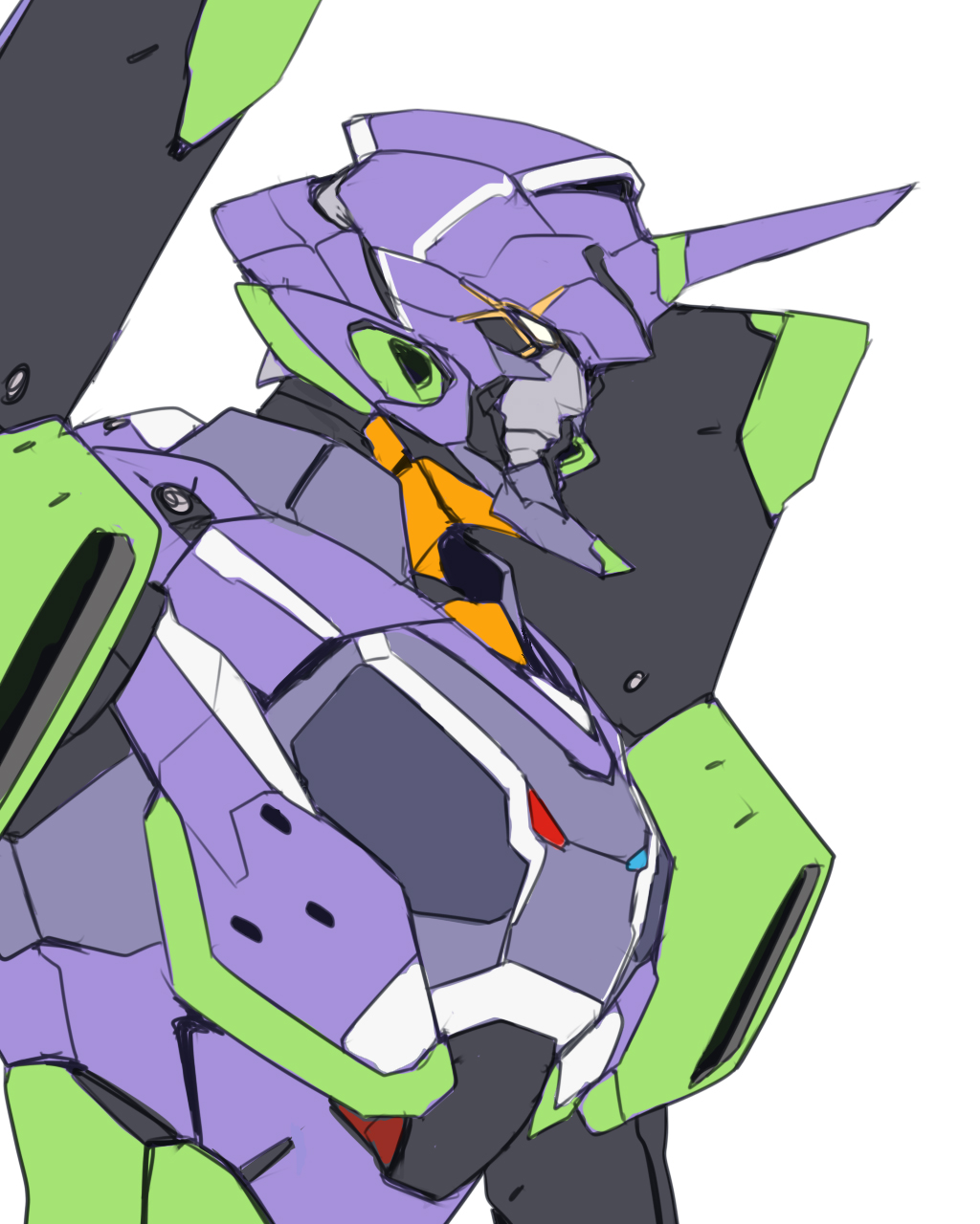 ban eva_01 from_side highres horn looking_to_the_side mecha neon_genesis_evangelion no_humans rebuild_of_evangelion redesign solo super_robot white_background white_eyes