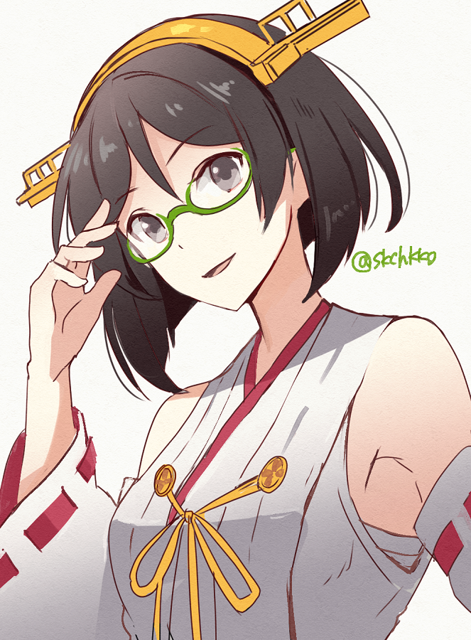 1girl bare_shoulders black_hair detached_sleeves eyebrows_visible_through_hair glasses green-framed_eyewear grey_background grey_eyes hairband headgear japanese_clothes kantai_collection kasumi_(skchkko) kirishima_(kantai_collection) nontraditional_miko open_mouth remodel_(kantai_collection) ribbon-trimmed_sleeves ribbon_trim short_hair simple_background smile solo twitter_username upper_body wide_sleeves