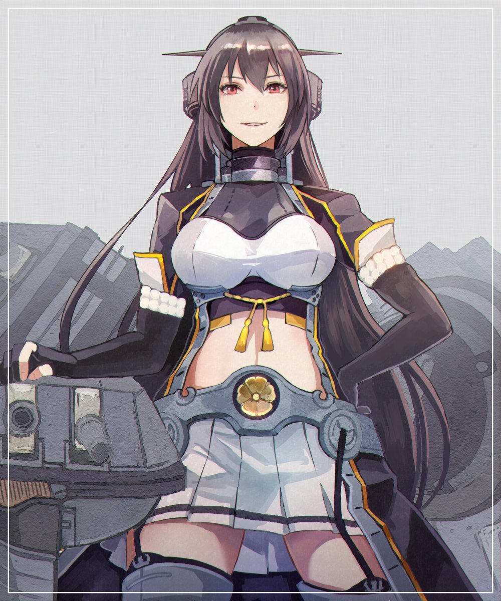 1girl bangs black_gloves black_hair boots breasts coat elbow_gloves garter_straps gloves grey_background hand_on_hip headgear highres kantai_collection kasumi_(skchkko) large_breasts long_hair machinery midriff miniskirt nagato_(kantai_collection) navel partly_fingerless_gloves pleated_skirt red_eyes remodel_(kantai_collection) revision rigging sakuramon simple_background skirt solo thigh-highs thigh_boots white_skirt