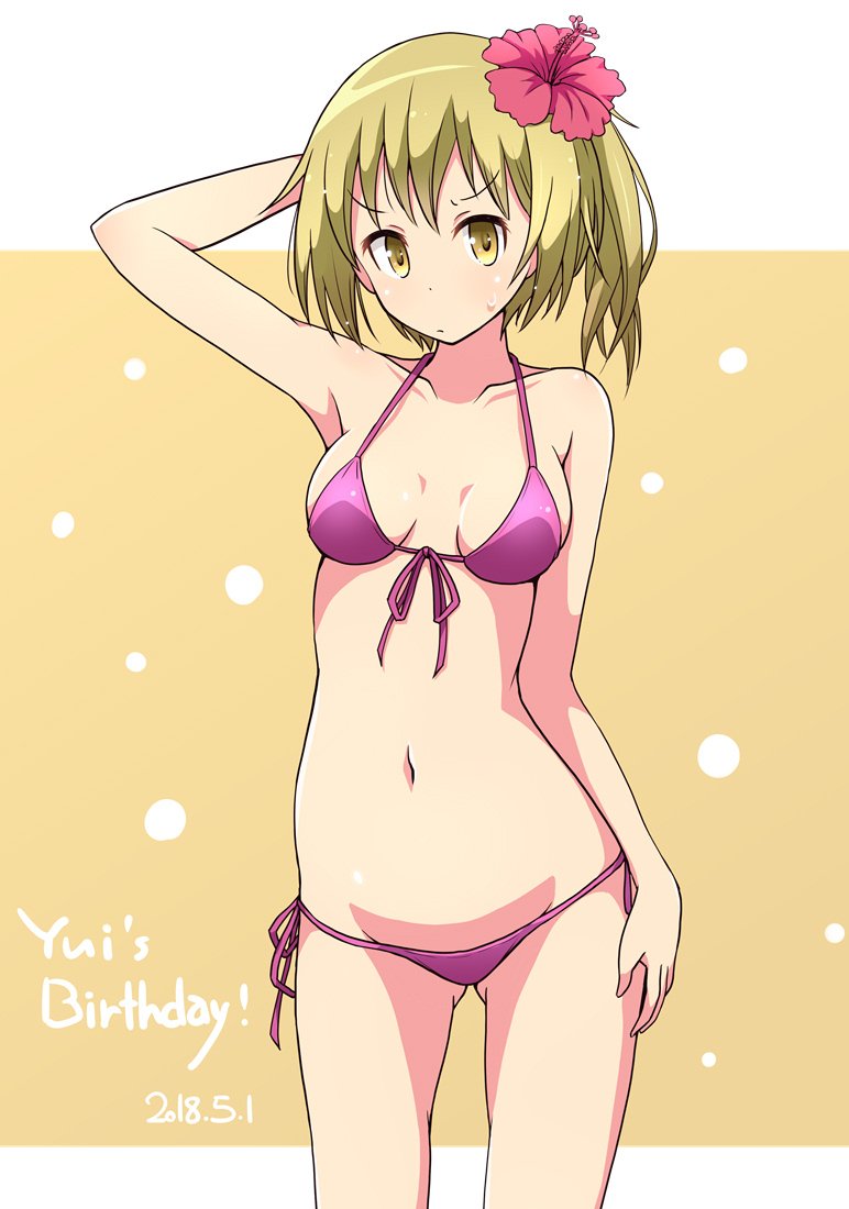 1girl alternate_hairstyle arm_behind_head arm_up bikini birthday blonde_hair character_name closed_mouth commentary cowboy_shot dated english_text eyebrows_visible_through_hair flower front-tie_bikini front-tie_top frown hair_flower hair_ornament hair_up hand_on_own_thigh ichii_yui letterboxed looking_at_viewer mel_(melty_pot) navel one_side_up pink_bikini pink_footwear short_hair side-tie_bikini solo standing sweatdrop swimsuit yellow_background yellow_eyes yuyushiki