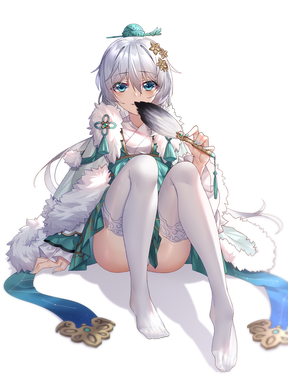 1girl ass bangs blue_eyes blue_nails bronya_zaychik check_character clothing_request commentary_request eyebrows_visible_through_hair fur_trim ginklaga hair_between_eyes hair_ornament highres holding honkai_(series) honkai_impact_3rd japanese_clothes kimono long_hair long_sleeves looking_at_viewer nail_polish no_shoes silver_hair simple_background sitting solo thigh-highs white_background white_kimono white_legwear