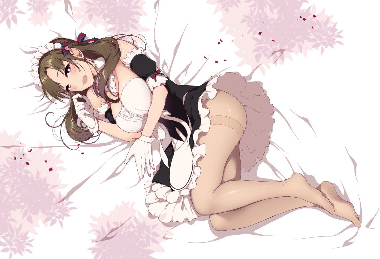 1girl apron ass blush bow braid breasts bright_pupils brown_hair brown_legwear french_braid frilled_apron frills full_body gloves hair_bow large_breasts looking_at_viewer lying maid maid_apron maid_dress maid_headdress no_shoes on_side oosuki_mamako pantyhose pochi_(pochi-goya) thighband_pantyhose tsuujou_kougeki_ga_zentai_kougeki_de_ni-kai_kougeki_no_okaasan_wa_suki_desu_ka? violet_eyes white_gloves white_pupils