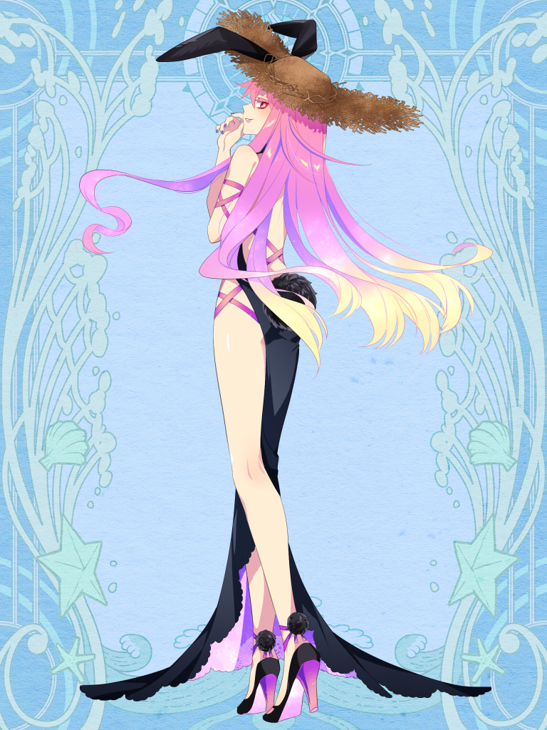 1girl animal_ears ass backless_outfit black_dress blue_background brown_headwear dairoku_youhei dress full_body hat high_heels l_(matador) long_hair long_legs looking_at_viewer looking_back pink_hair pink_ribbon purple_nails rabbit_ears red_eyes ribbon simple_background solo standing straw_hat very_long_hair