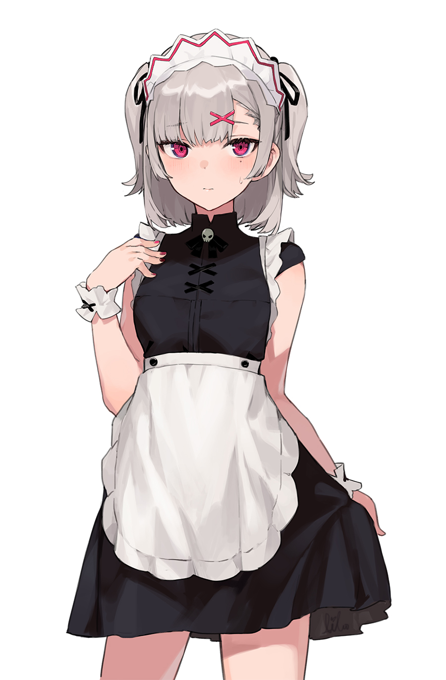 1girl aiko_(kanl) alternate_costume apron bare_shoulders black_dress commentary cowboy_shot dress enmaided grey_hair hair_ornament hand_up highres looking_at_viewer maid maid_apron maid_headdress mole mole_under_eye original red_eyes short_hair simple_background sleeveless sleeveless_dress solo standing sweatdrop tana_(aiko) two_side_up waist_apron white_background wrist_cuffs x_hair_ornament