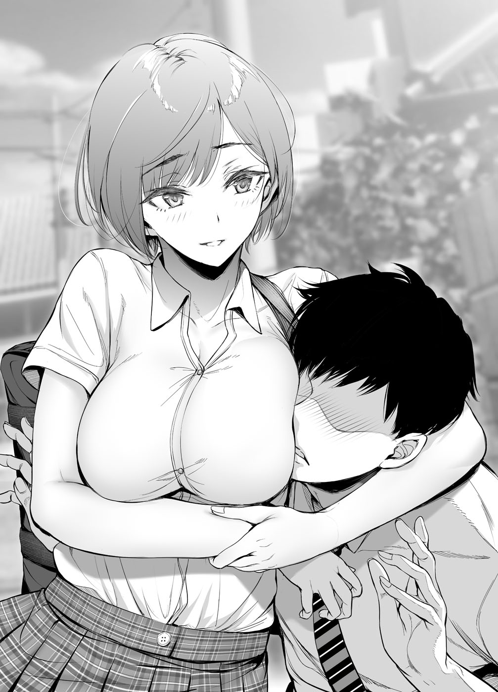 1boy 1girl bag bangs blurry blurry_background blush breast_press breasts collared_shirt cowboy_shot eyebrows_visible_through_hair faceless faceless_male gentsuki greyscale headlock highres large_breasts looking_at_another monochrome necktie no_eyes original outdoors parted_bangs parted_lips plaid plaid_skirt school_bag shirt short_hair short_sleeves skirt smile striped striped_neckwear telephone_pole wing_collar