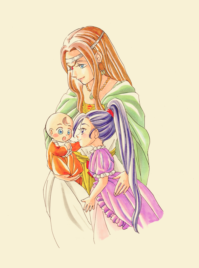 1boy 2girls :o baby bald ballpoint_pen_(medium) blue_eyes blush blush_stickers brown_hair cape child circlet colored_pencil_(medium) commentary_request dragon_quest dragon_quest_xi dress earrings eleanor_(dq11) green_cape hair_ornament hair_scrunchie hero_(dq11) holding_baby hoop_earrings jewelry long_hair martina_(dq11) mother_and_son multiple_girls necklace purple_dress purple_hair red_scrunchie scrunchie shiori_(totto_info25) smile traditional_media very_long_hair violet_eyes white_dress younger