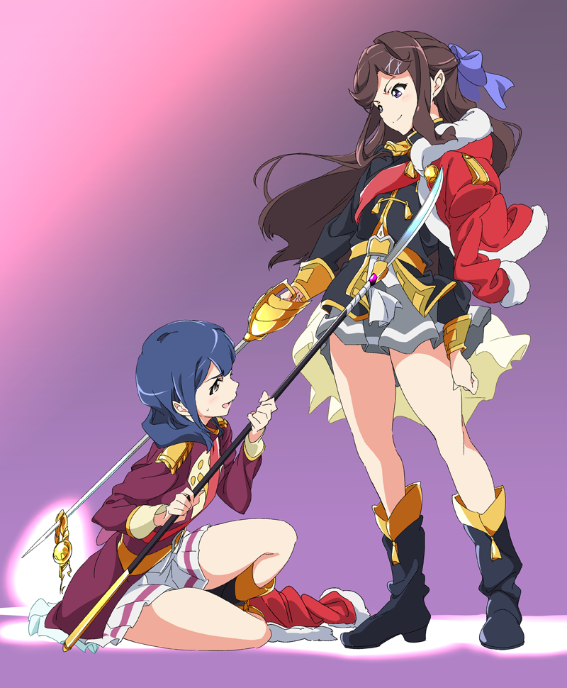 2girls bangs blue_hair bow brown_hair hair_bow halberd hanayagi_kaoruko holding holding_weapon jacket long_hair looking_at_another multiple_girls open_mouth pleated_skirt polearm ribbon shoujo_kageki_revue_starlight skirt sword tendou_maya umanosuke weapon