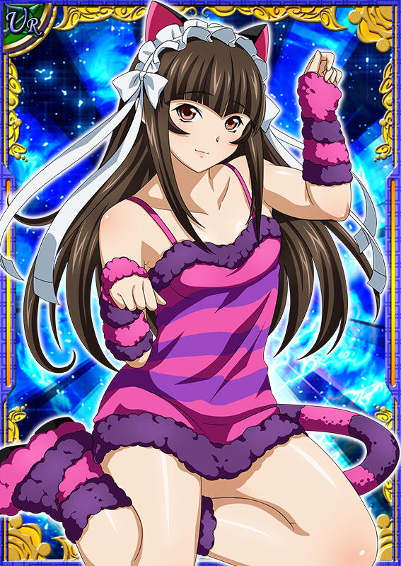 1girl animal_ears breasts brown_eyes brown_hair card_(medium) cat_ears cat_tail cheshire_cat cheshire_cat_(cosplay) closed_mouth collarbone cosplay detached_sleeves dress floating_hair fur-trimmed_dress fur_trim headdress ikkitousen leg_warmers long_hair looking_at_viewer shiny shiny_hair shiny_skin short_dress sitting sleeveless sleeveless_dress small_breasts solo straight_hair striped striped_dress striped_legwear striped_sleeves striped_tail tail ten'i_(ikkitousen) very_long_hair