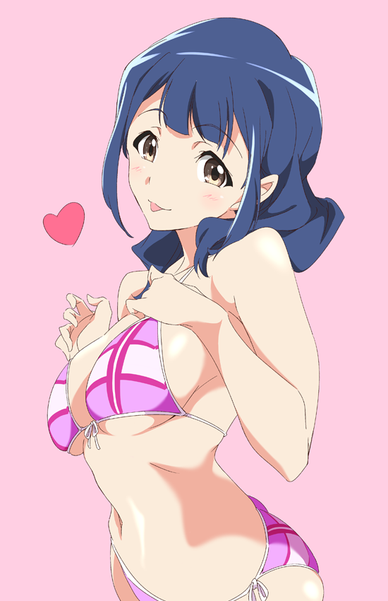 1girl :p adjusting_clothes adjusting_swimsuit bare_shoulders bikini blue_hair blush breasts brown_eyes hanayagi_kaoruko heart looking_at_viewer navel pink_background pink_bikini shoujo_kageki_revue_starlight side-tie_bikini solo swimsuit tongue tongue_out umanosuke