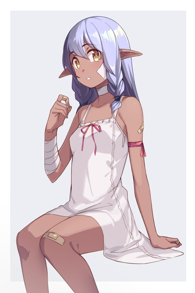 1girl arm_ribbon bandaged_arm bandages bandaid bandaid_on_knee bangs bare_arms bare_legs bare_shoulders braid choker crying crying_with_eyes_open dark_skin dress elf eyebrows_visible_through_hair feet_out_of_frame grey_background grey_hair hair_between_eyes hand_up long_hair looking_at_viewer original parted_lips pink_ribbon pointy_ears ribbon saiste simple_background sitting sleeveless sleeveless_dress solo tears twin_braids white_choker white_dress yellow_eyes