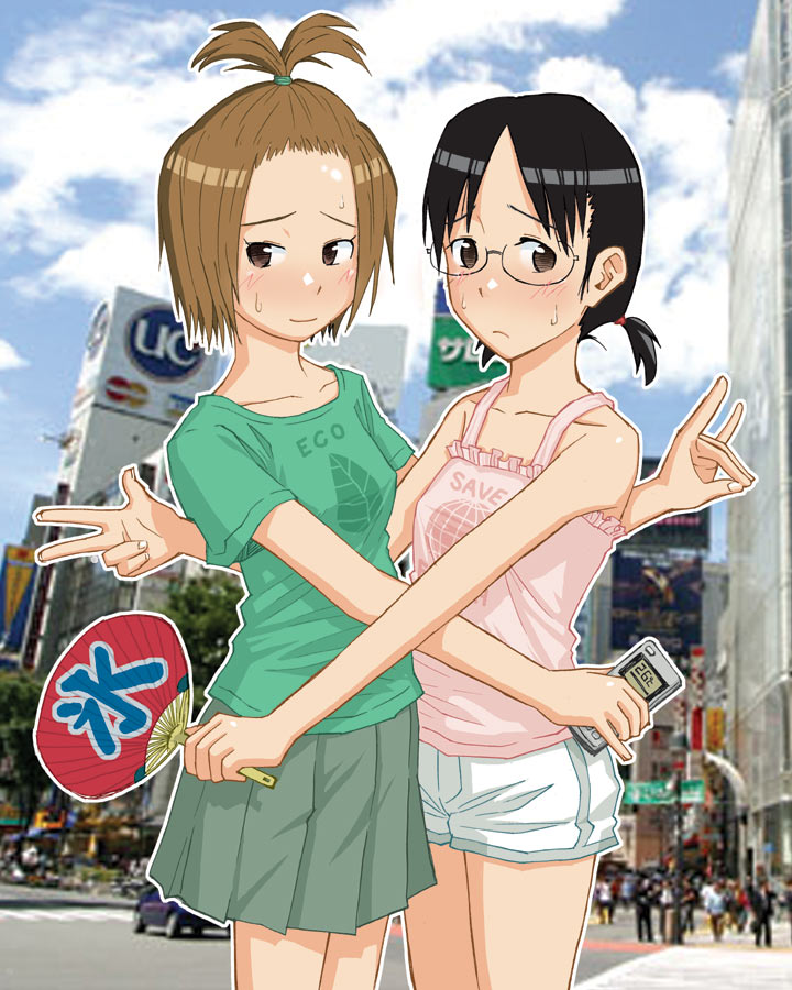 \m/ black_hair blush brown_eyes brown_hair camisole casual cellphone city fan forehead glasses high_ponytail hug ikagawa multiple_girls nervous paper_fan phone photo_background quzilax short_hair short_twintails shorts skirt smile street sweat t-shirt twintails uchiwa v