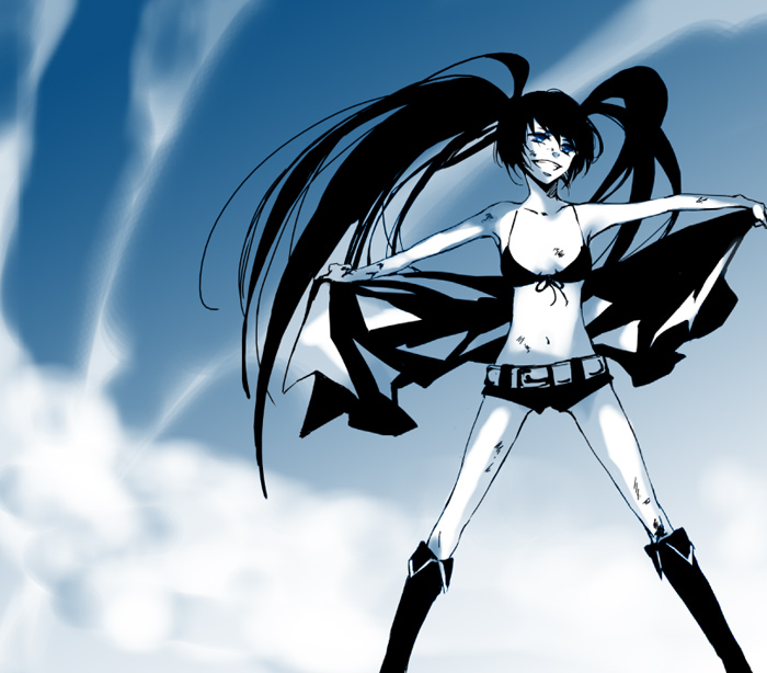 bangs belt bikini_top black_hair black_rock_shooter black_rock_shooter_(character) blood blue_eyes boots bruise cloud coat flat_chest front-tie_top hood hooded_jacket injury jacket knee_boots long_hair midriff miko_(yayamiko) navel pale_skin short_shorts shorts smile solo twintails uneven_twintails very_long_hair wind