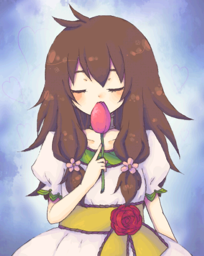 bad_id blush brown_hair closed_eyes dress flower long_hair lowres original smelling tsubomi-chan