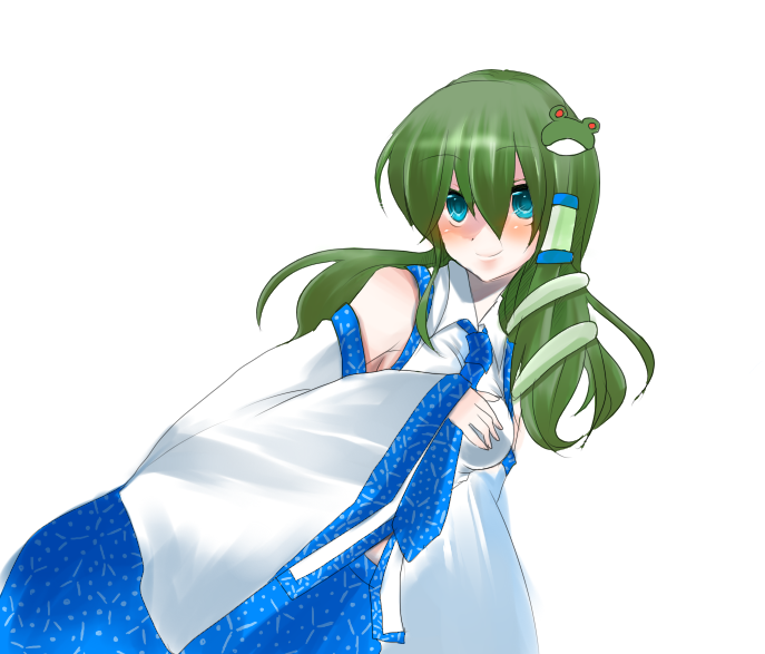 frog green_hair japanese_clothes kochiya_sanae long_hair miko ribbon ribbons skt snake touhou