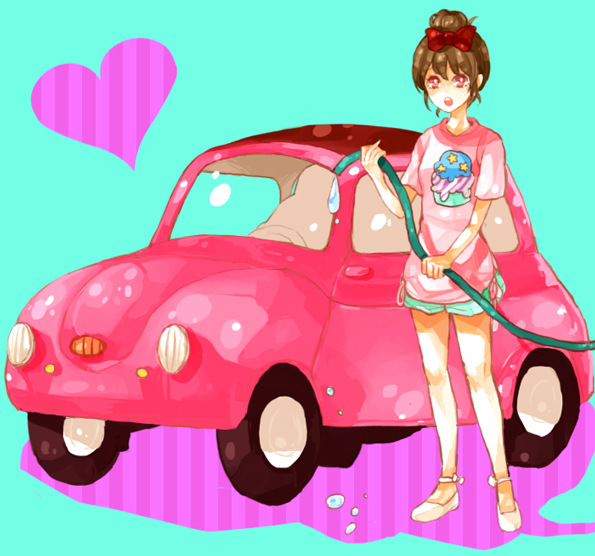 &lt;3 1girl brown_hair car dada_(dolce) hair_ribbon hair_ribbons heart left-hand_drive motor_vehicle original ribbon ribbons short_hair vehicle washing