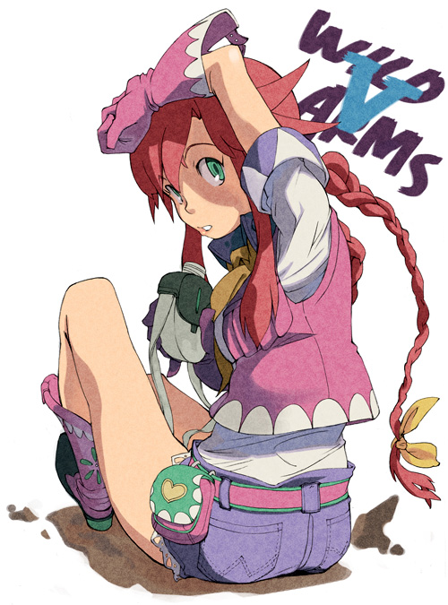 belt boots braid braids cowgirl gloves green_eyes long_hair looking_back rebecca_streisand red_hair redhead shorts sitting solo title_drop twin_braids white_background wild_arms wild_arms_5