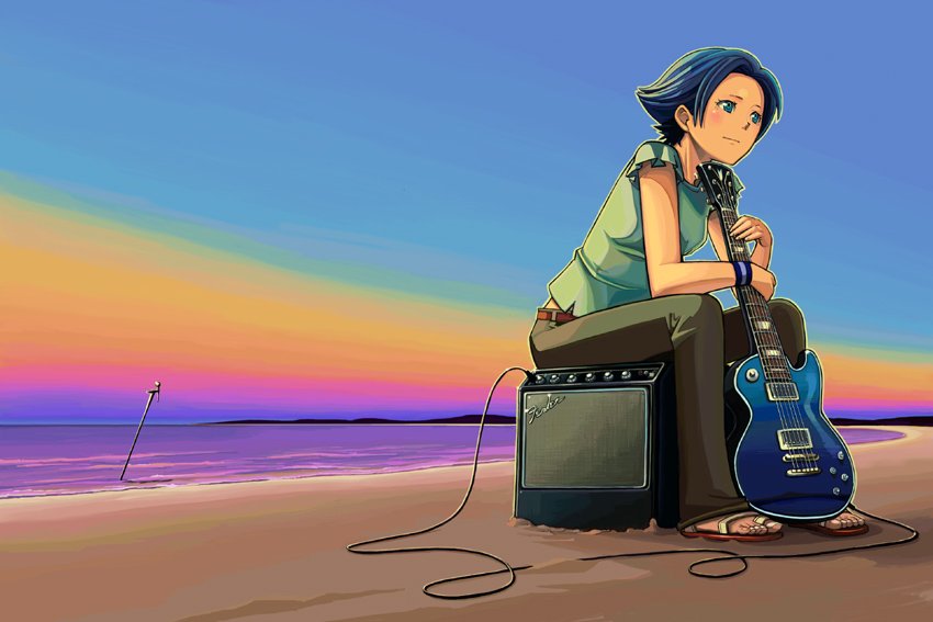 amp beach blue_eyes blue_hair bowieknife cable cables guitar instrument original sandals short_hair sitting