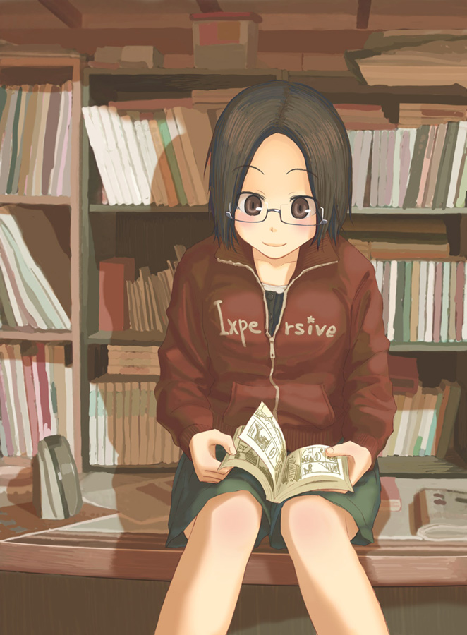 book brown_hair glasses ikagawa quzilax reading short_hair sitting smile