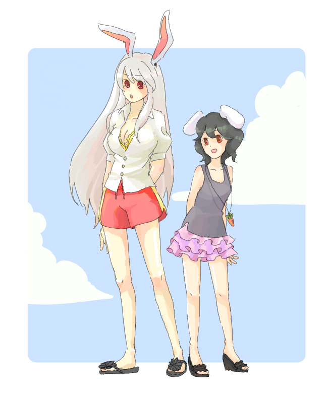 animal_ears asagi_(brickblock) black_hair bunny_ears casual contemporary inaba_tewi long_hair purple_hair rabbit_ears reisen_udongein_inaba short_hair skirt touhou