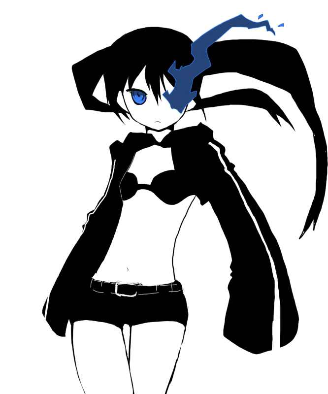 belt bikini_top black_hair black_rock_shooter black_rock_shooter_(character) blue_eyes coat flat_chest glowing glowing_eyes hood hooded_jacket jacket long_hair midriff navel pale_skin short_shorts shorts solo stare twintails uneven_twintails waikyoku