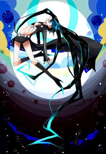bad_id bangs belt bikini_top black_hair black_rock_shooter black_rock_shooter_(character) blue_eyes boots coat flat_chest floating front-tie_top glowing glowing_eyes hatsune_miku hood hooded_jacket jacket knee_boots long_hair lowres midriff moon nail_polish navel pale_skin short_pants short_shorts shorts solo star twintails uneven_twintails very_long_hair vocaloid
