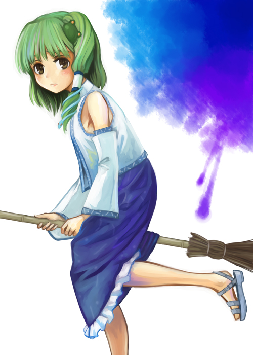 broom broom_riding frog green_hair hachi_shoku japanese_clothes kochiya_sanae long_hair miko snake touhou yakusa