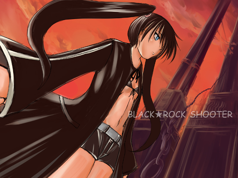 black_rock_shooter black_rock_shooter_(character) blue_eyes flat_chest kojou long_hair midriff navel shorts sky solo twintails