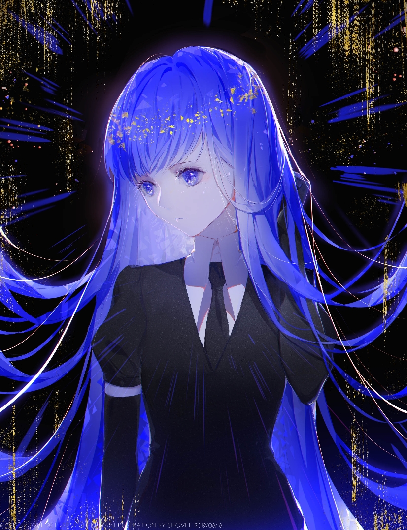 1other androgynous arm_at_side bangs black_gloves blue_eyes blue_hair dated elbow_gloves eyelashes gem_uniform_(houseki_no_kuni) gloves hand_up houseki_no_kuni long_hair looking_away looking_down necktie phosphophyllite phosphophyllite_(ll) solo straight_hair upper_body very_long_hair wyc_zz