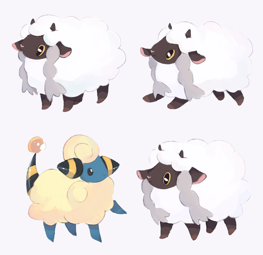 charamells commentary creature english_commentary full_body gen_2_pokemon gen_8_pokemon mareep no_humans pokemon pokemon_(creature) sheep simple_background white_background wooloo