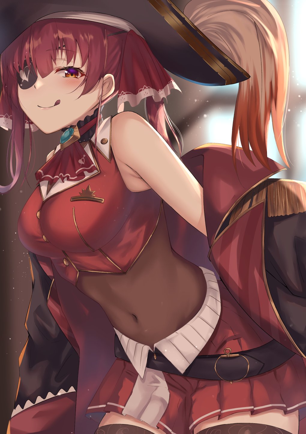 1girl :p ascot bangs belt black_coat blurry blurry_background blush breasts brooch brown_eyes brown_legwear coat covered_navel crop_top epaulettes eyepatch hair_between_eyes hat highres hololive houshou_marine jacket jewelry large_breasts long_hair looking_at_viewer open_clothes open_coat pirate_hat red_eyes red_neckwear red_skirt redhead skirt sleeveless solo thigh-highs tongue tongue_out twintails virtual_youtuber yami_kyon_oov yami_kyon_oov