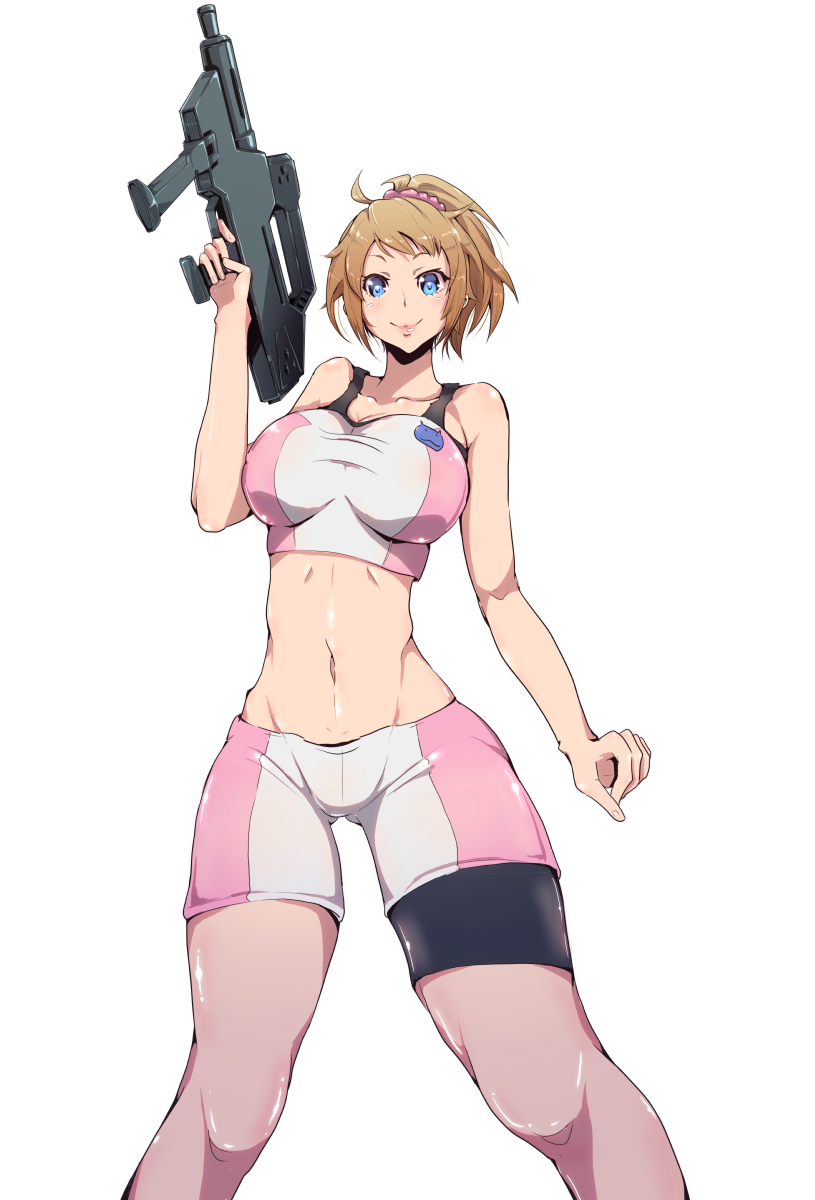 1girl beam_rifle bike_shorts blue_eyes breasts brown_hair commentary_request energy_gun gun gundam gundam_build_fighters gundam_build_fighters_try highres holding holding_gun holding_weapon hoshino_fumina large_breasts looking_at_viewer midriff navel ponytail sakusakusakurai simple_background smile solo uniform weapon