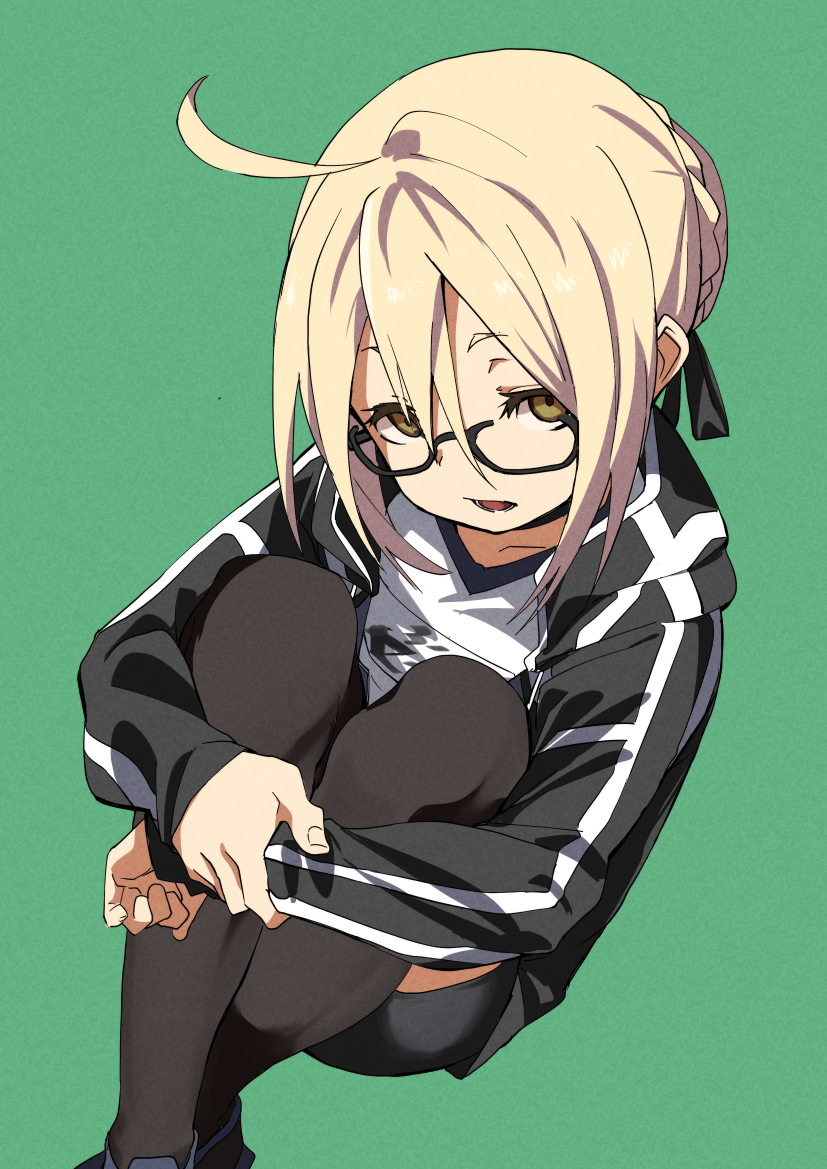 1girl ahoge artoria_pendragon_(all) bike_shorts black-framed_eyewear blonde_hair braid commentary_request fate/grand_order fate_(series) french_braid fu-ta glasses green_background gym_uniform jacket leg_hug looking_at_viewer mysterious_heroine_x_(alter) open_mouth semi-rimless_eyewear simple_background sitting solo thigh-highs under-rim_eyewear yellow_eyes