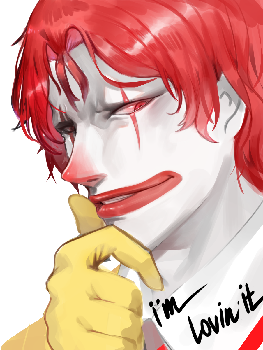 1boy chin_stroking clown dokomon english_text face facepaint gloves grin half-closed_eyes hand_on_own_chin highres looking_at_viewer male_focus mcdonald's medium_hair parted_lips red_eyes ronald_mcdonald sidelocks smile solo white_skin wing_collar